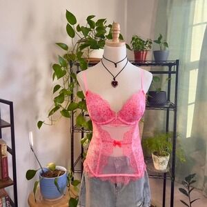 Victoria's Secret Pink Lace Corset Top Push Up‎ Mesh Rhinestone 34D Lingerie Y2K
